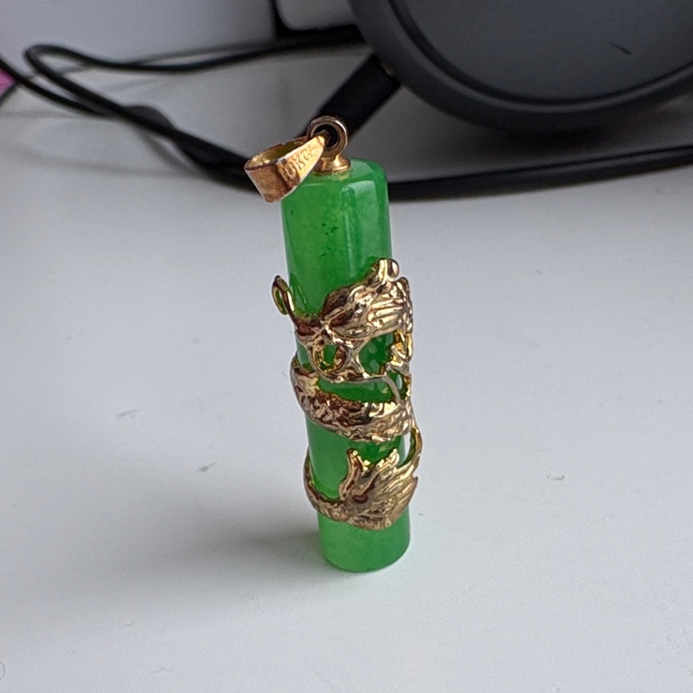 Green Pendant with Gold Dragon 18 Karat Gold Plated